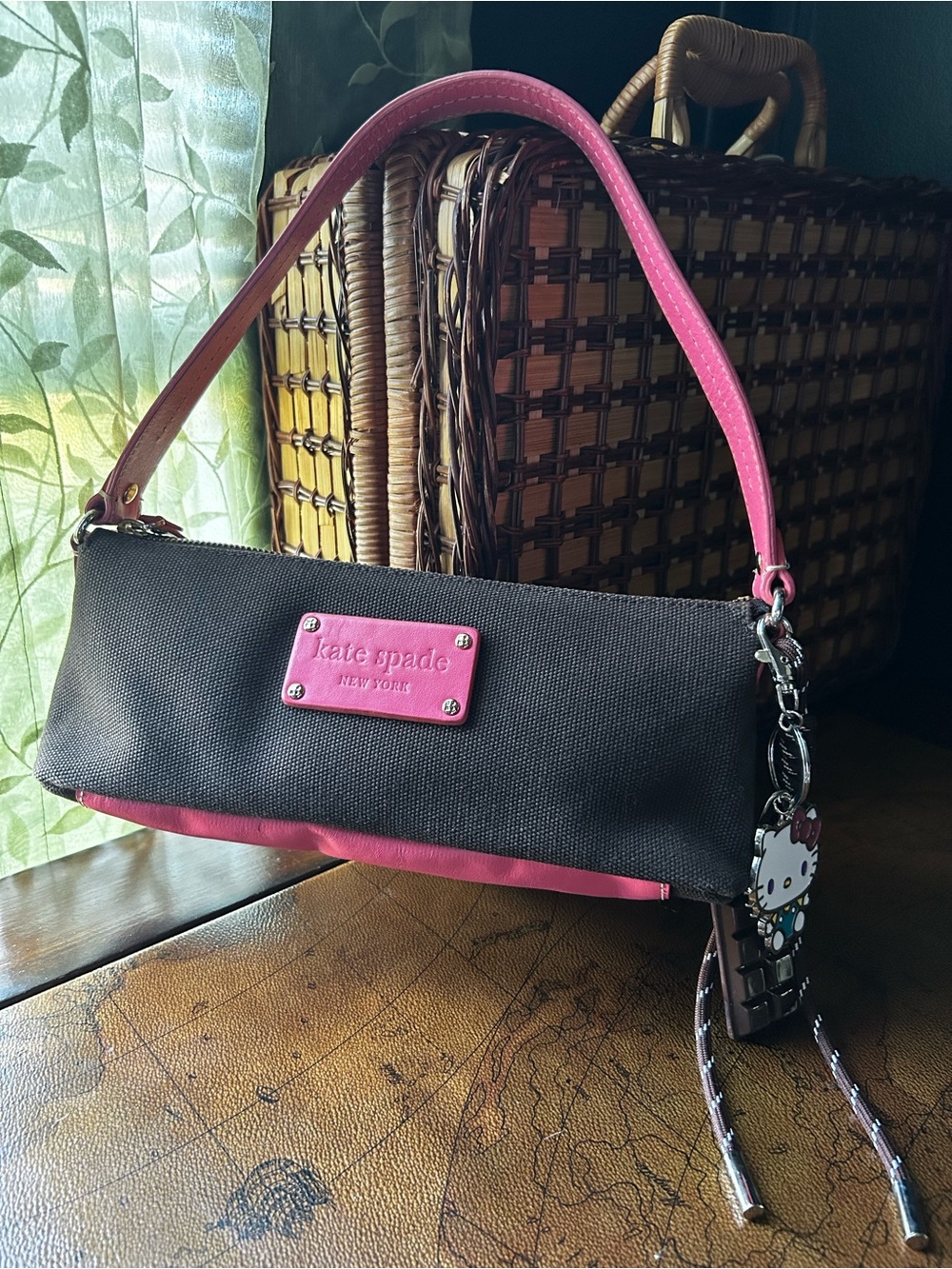 Vintage Kate Spade Mini Bag Brown Canvas with Pink Leather Trim & HelloKitty Tag